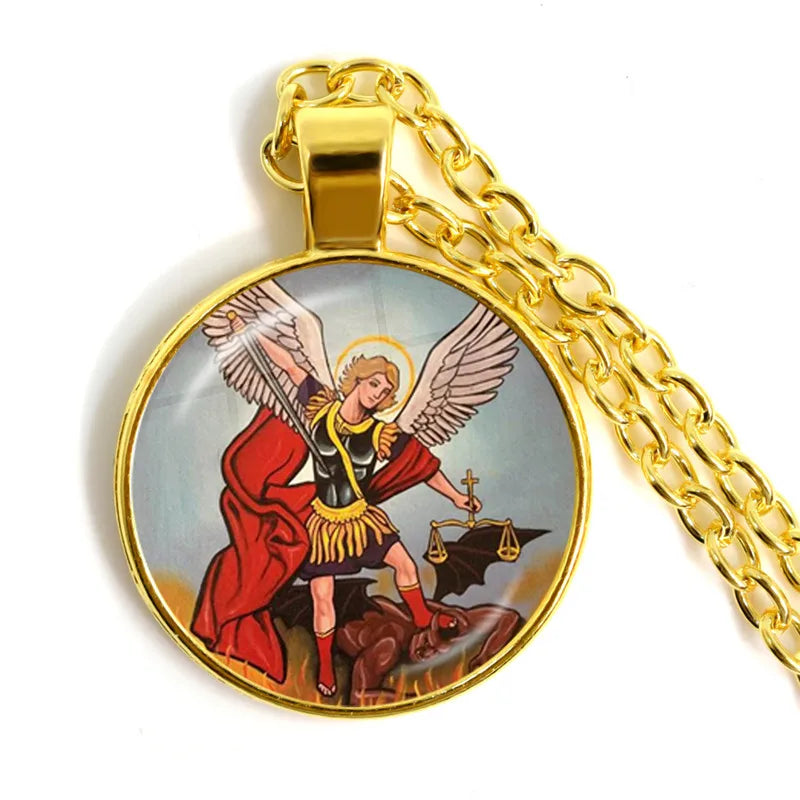 1 Stück 25 mm Glas-Cabochon-Halskette Erzengel St. Michael Protect Me Saint Shield Schutz Charm Russischer Orhodoxer Anhänger Schmuck