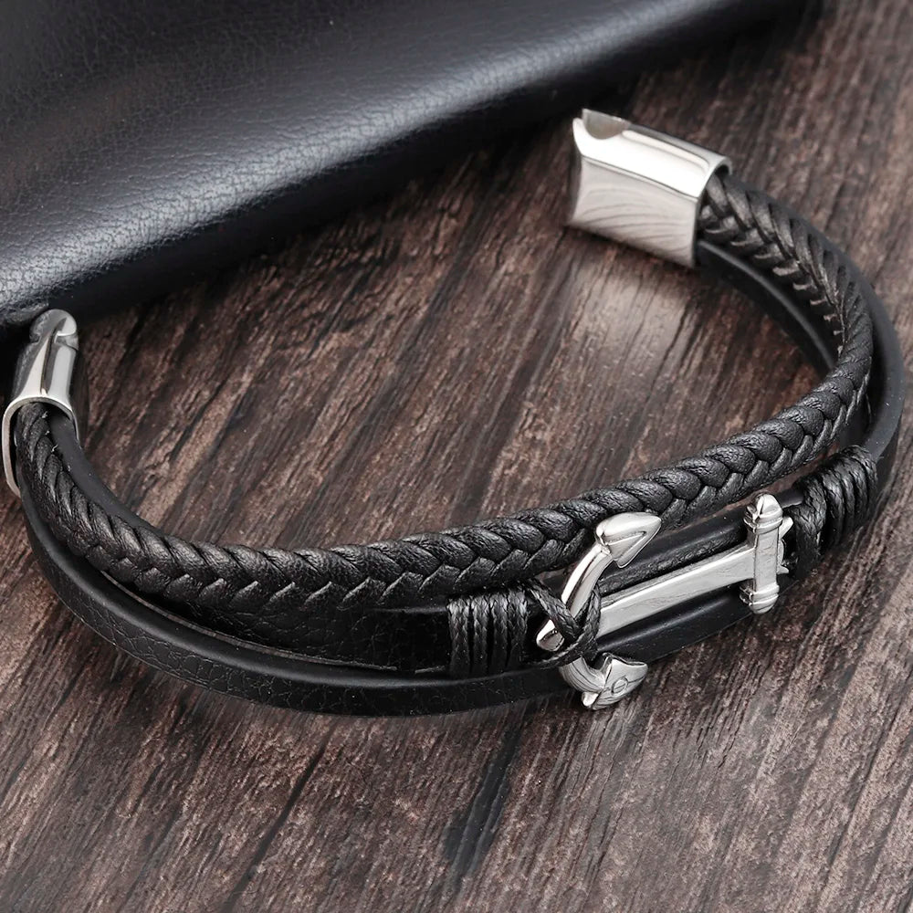 Punk Edelstahl Anker Armbänder Echtes Leder Armband & Armreifen für Männer Schmuck Schwarz Farbe Mode Geschenk