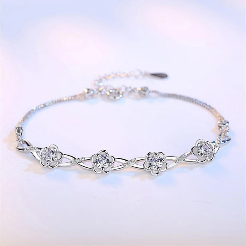 Luxuriöse Armbänder aus 925er-Sterlingsilber, violett, weißer Zirkonia, Pflaumenblüten-Armbänder und Armreifen für Frauen, Pulseira de Prata S-B51