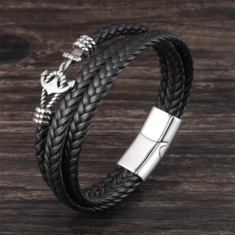 Punk Edelstahl Anker Armbänder Echtes Leder Armband & Armreifen für Männer Schmuck Schwarz Farbe Mode Geschenk