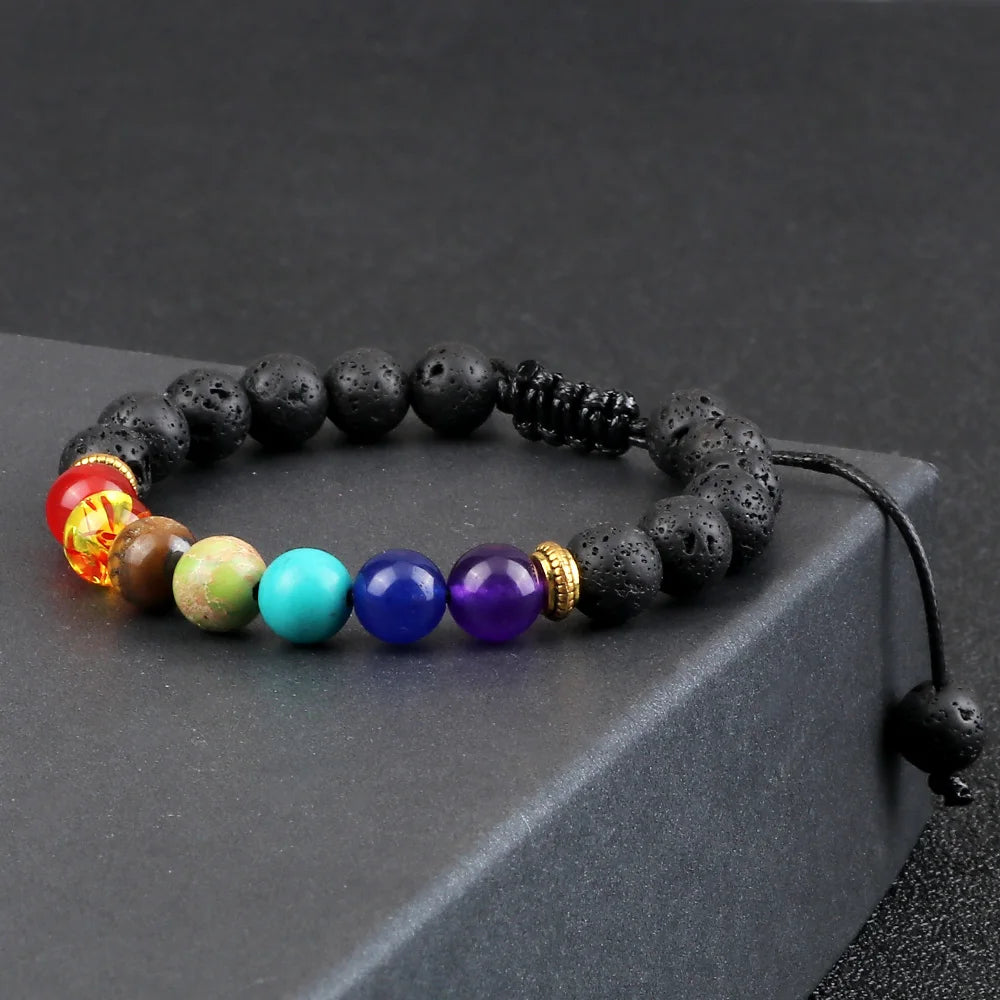 2 Stücke Naturstein 7 Chakra Heilung Perlen Einstellbare Geflochtene Armbänder Männer 8mm Lava Stretch-armband Frauen Reiki Buddha Schmuck