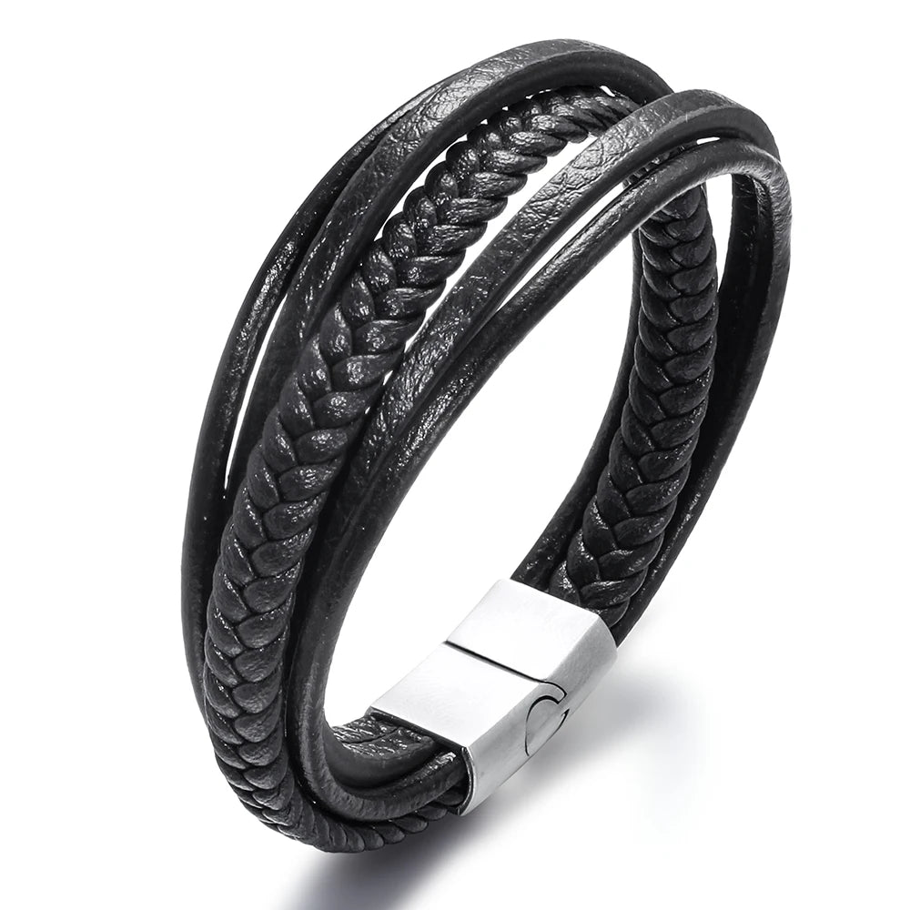 Fünf-runden männer leder armband männer schwarz braun edelstahl unendliche charme echt leder armband mode schmuck