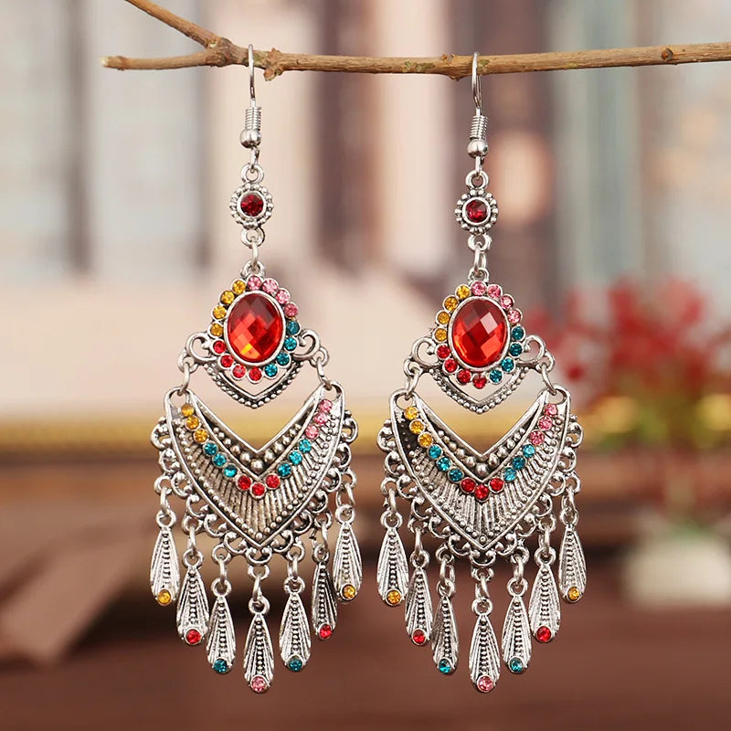 Vintage Mehrfarbige Kristall Strass Böhmische Ohrringe Für Frauen Ethnische Gypsy Geometrische Quaste Layered Boho Statement Ohrringe