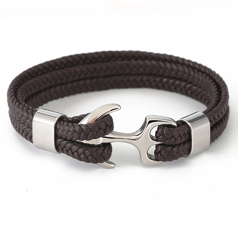 Punk Edelstahl Anker Armbänder Echtes Leder Armband & Armreifen für Männer Schmuck Schwarz Farbe Mode Geschenk