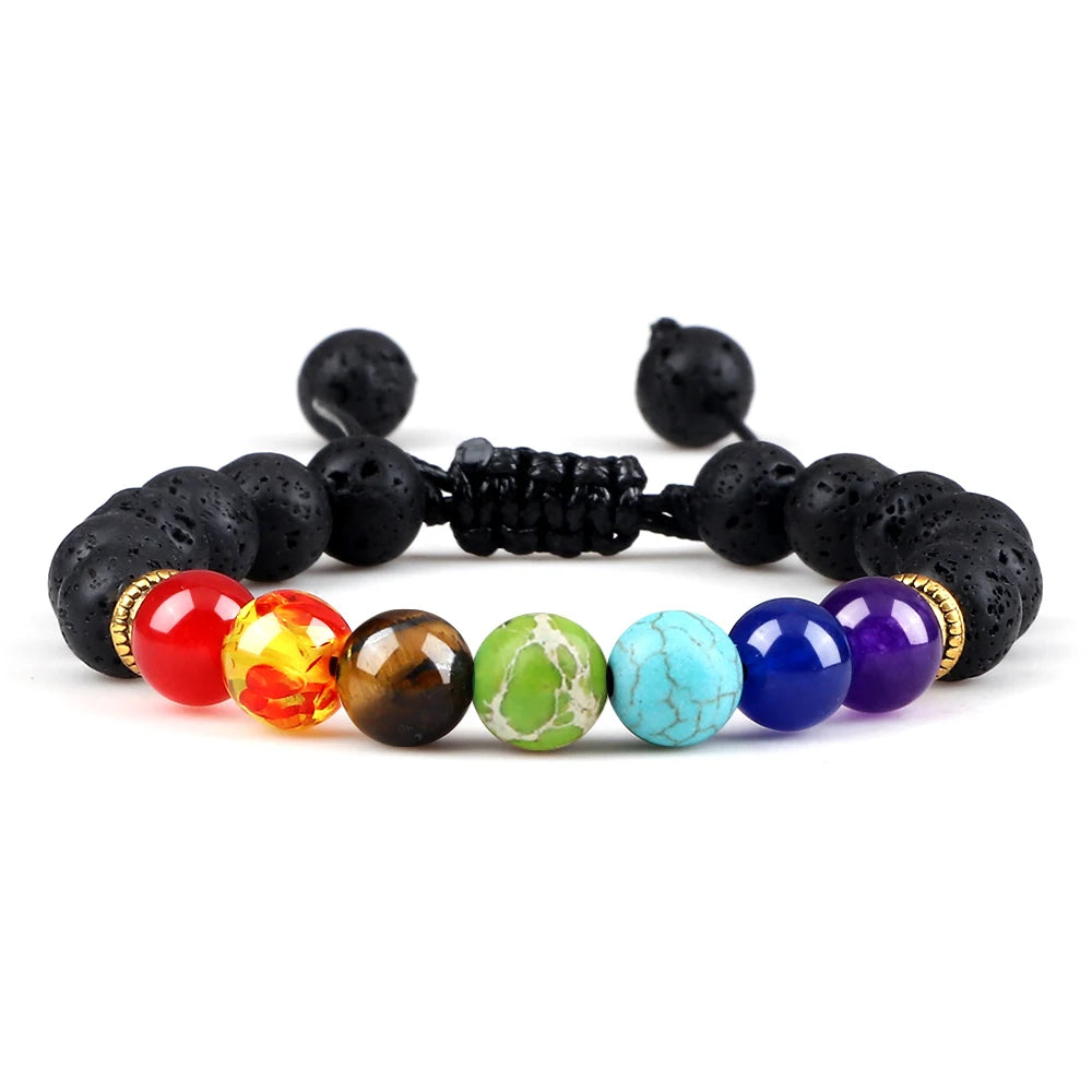 2 Stücke Naturstein 7 Chakra Heilung Perlen Einstellbare Geflochtene Armbänder Männer 8mm Lava Stretch-armband Frauen Reiki Buddha Schmuck