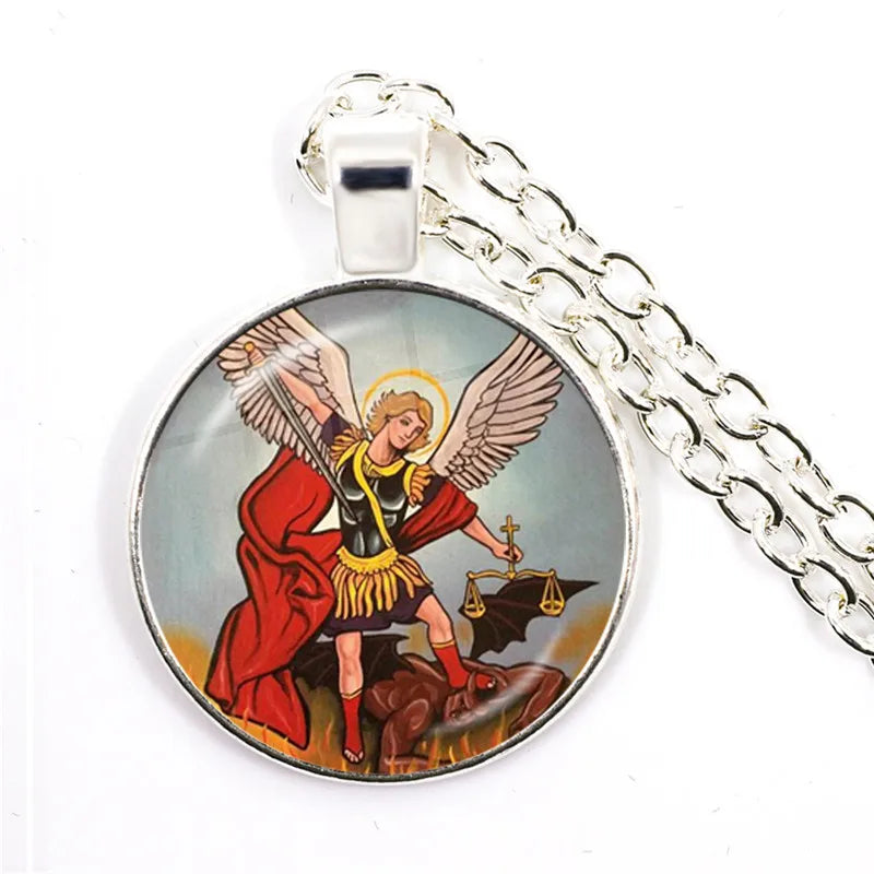 1 Stück 25 mm Glas-Cabochon-Halskette Erzengel St. Michael Protect Me Saint Shield Schutz Charm Russischer Orhodoxer Anhänger Schmuck