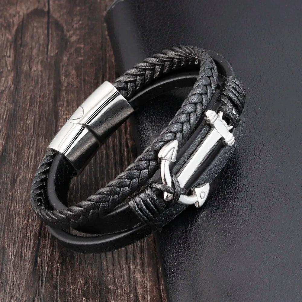 Punk Edelstahl Anker Armbänder Echtes Leder Armband & Armreifen für Männer Schmuck Schwarz Farbe Mode Geschenk