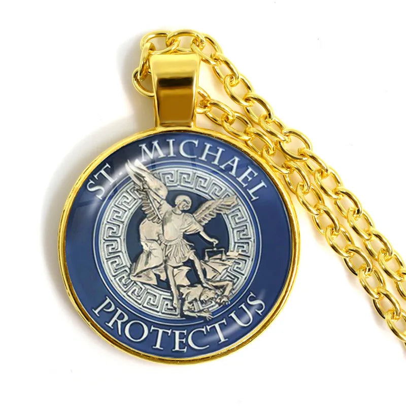 1 Stück 25 mm Glas-Cabochon-Halskette Erzengel St. Michael Protect Me Saint Shield Schutz Charm Russischer Orhodoxer Anhänger Schmuck