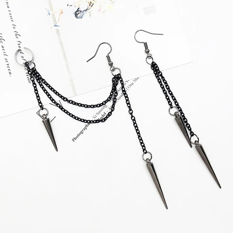 Schwarz kette quaste ohr-haken Asymmetrie Multilayer kette Punk Hip hop persönlichkeit Schmuck Ohr clip Baumeln Ohrringe für frauen mädchen