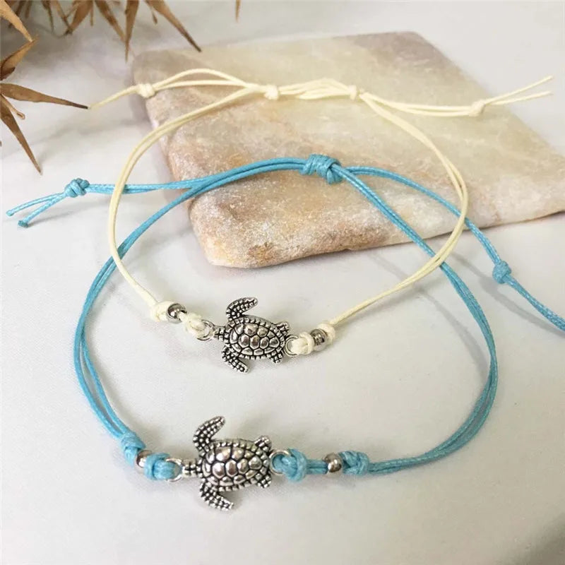 ZRM Mode Vintage Meeresschildkröte Fußkettchen Armband Dual-Use 3 Farben handgemachte Fußkettchen Strand Leder Seil Fußkettchen Schmuck