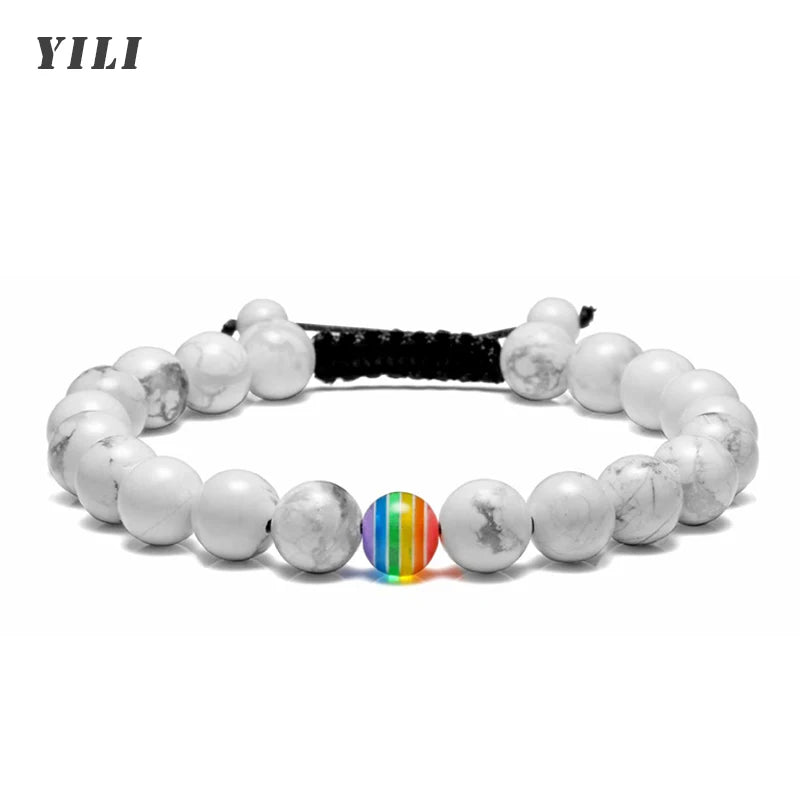 LGBT-Beziehungsarmband Rainbow Pride 8 mm weißes Howlith schwarzes Lavagestein-Armband Natursteinperlen Öldiffusor-Armbänder