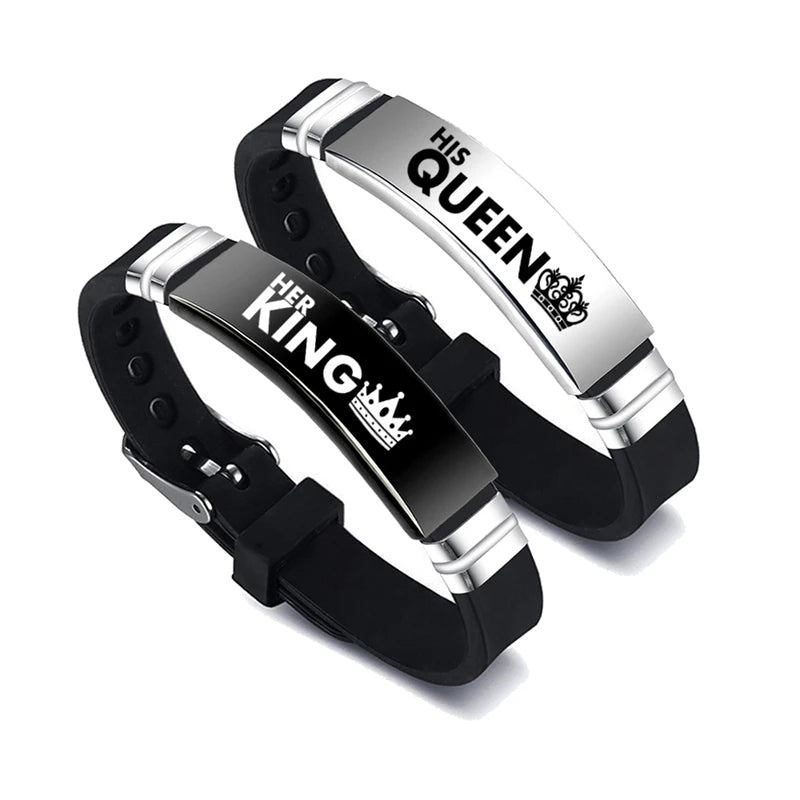 2-teiliges Set „Seine Königin, Ihr König“-Paar-Armband, Edelstahl, verstellbarer Silikonarmband-Armreif, Valentinstagsgeschenk