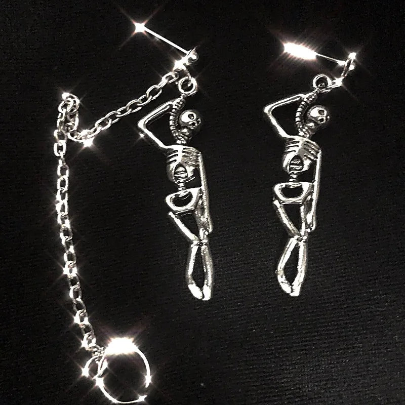 Vintage Punk Silber-Farbe Schädel Skelett Anhänger Baumeln Ohrringe Für Frauen Hip-hop Lange Kette Quaste Asymmetrie Ohr schmuck Geschenke