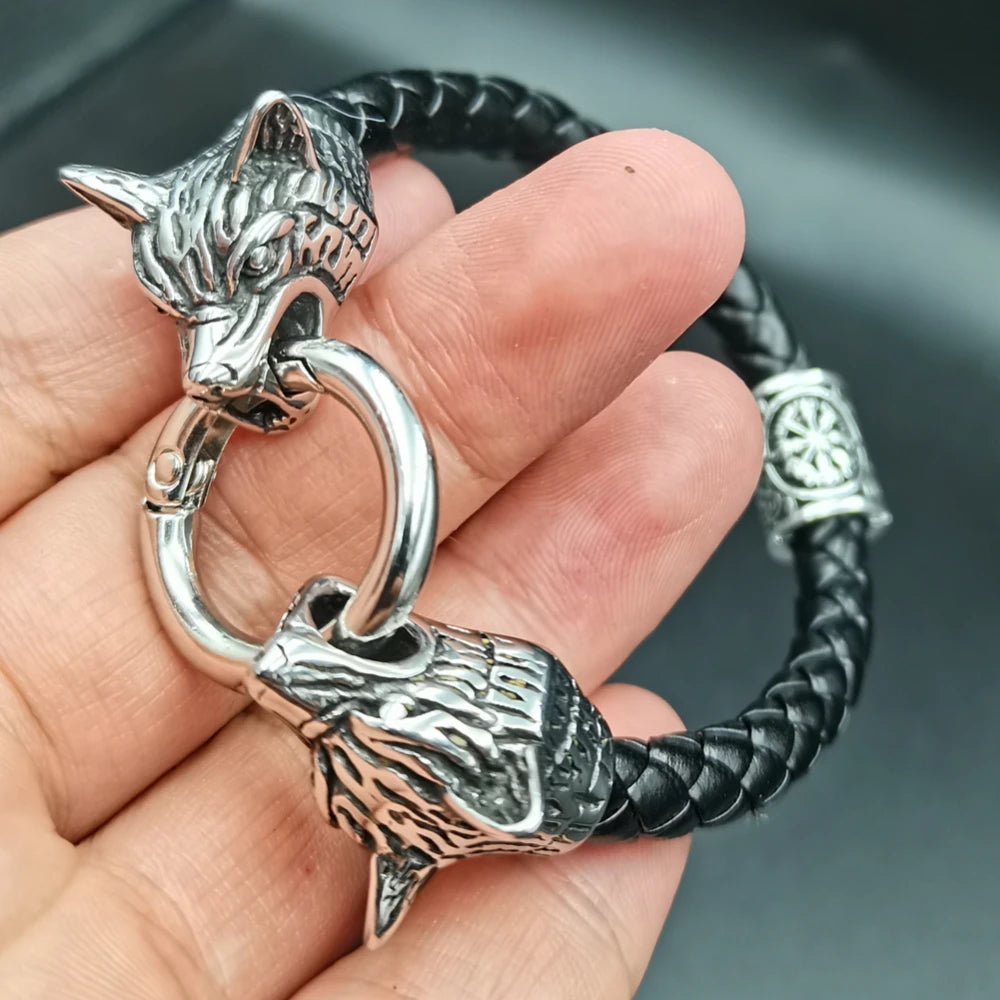 Dropshipping 1 stücke rune perle Wolf Kopf leder Armband Edelstahl viking Armband armreif für Männer schmuck