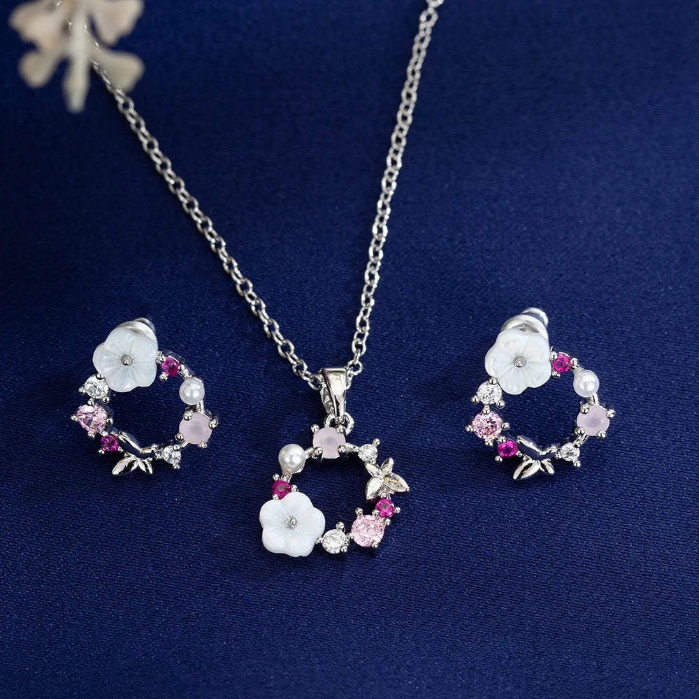 Mode Hochzeit Braut Zirkonia Schmuck Sets Für Frauen Romantische Shell Blume Halsband Elegante Perle Halsketten Ohrringe Bijoux Geschenk
