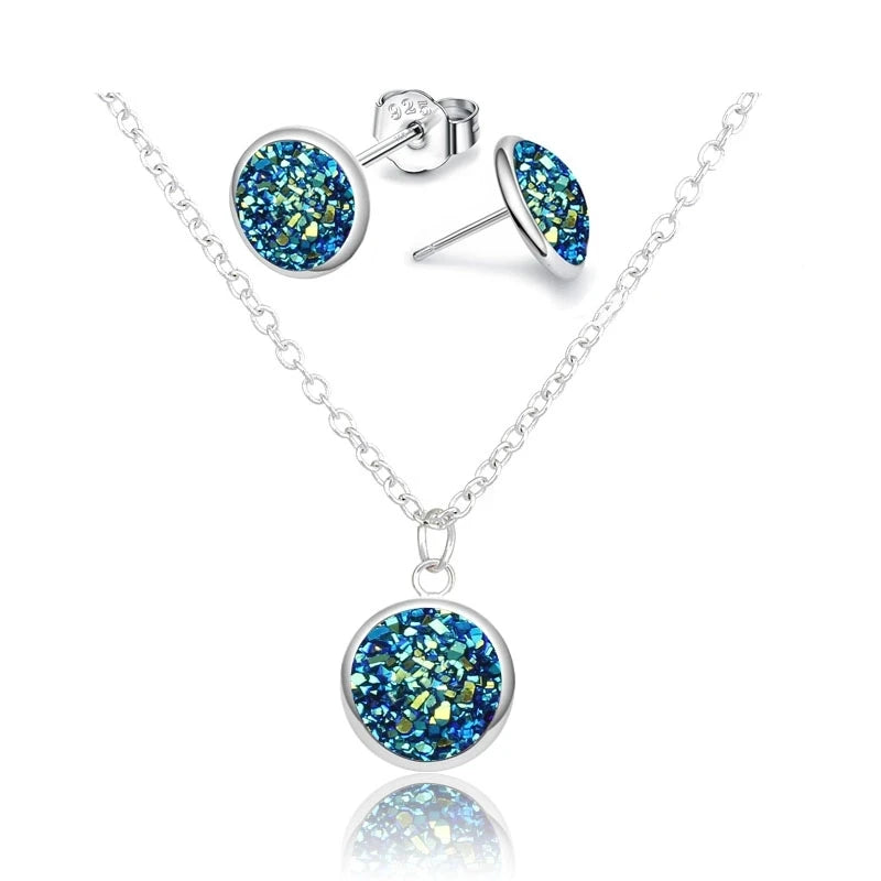 Mode Drusy Runde Anhänger Halskette Ohrringe Schmuck Sets für Frauen Anti allergie Bling Stud Ohrringe Sets Frauen Party Halskette