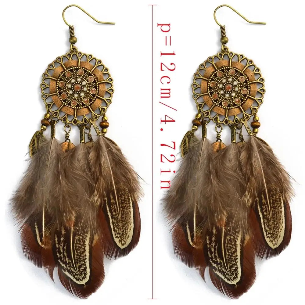 Mode Lange Quaste Braune Feder Braut Hochzeit Ohrringe Böhmischen Vintage Holz Perlen Baumeln Ohrringe Für Frauen Indischen Schmuck