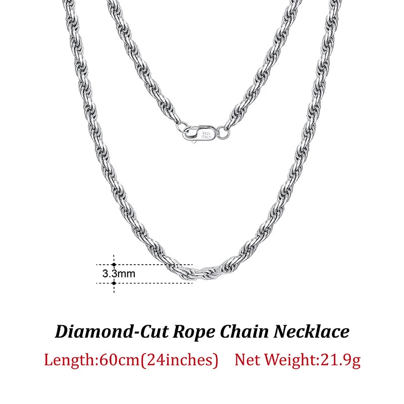 Rinntin Luxus-Halskette aus 925er-Sterlingsilber mit Diamantschliff für Herren und Damen, modischer italienischer Silber-Halskette, Schmuck SC29