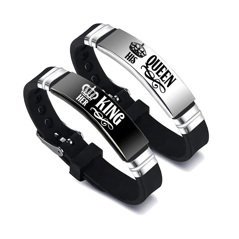 2-teiliges Set „Seine Königin, Ihr König“-Paar-Armband, Edelstahl, verstellbarer Silikonarmband-Armreif, Valentinstagsgeschenk