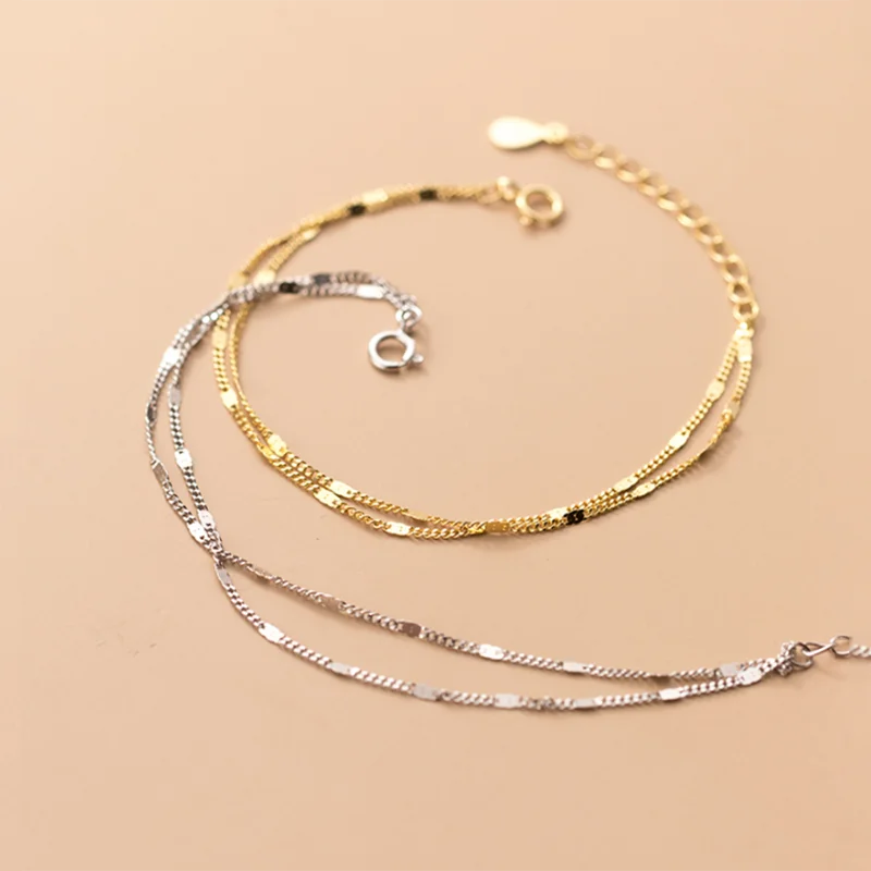 WOOZU Echtem 925 Sterling Silber Einfache Delicate Doppelte Kette Schicht Charme Armband Für Mode Frauen Party Punk Schmuck Geschenk