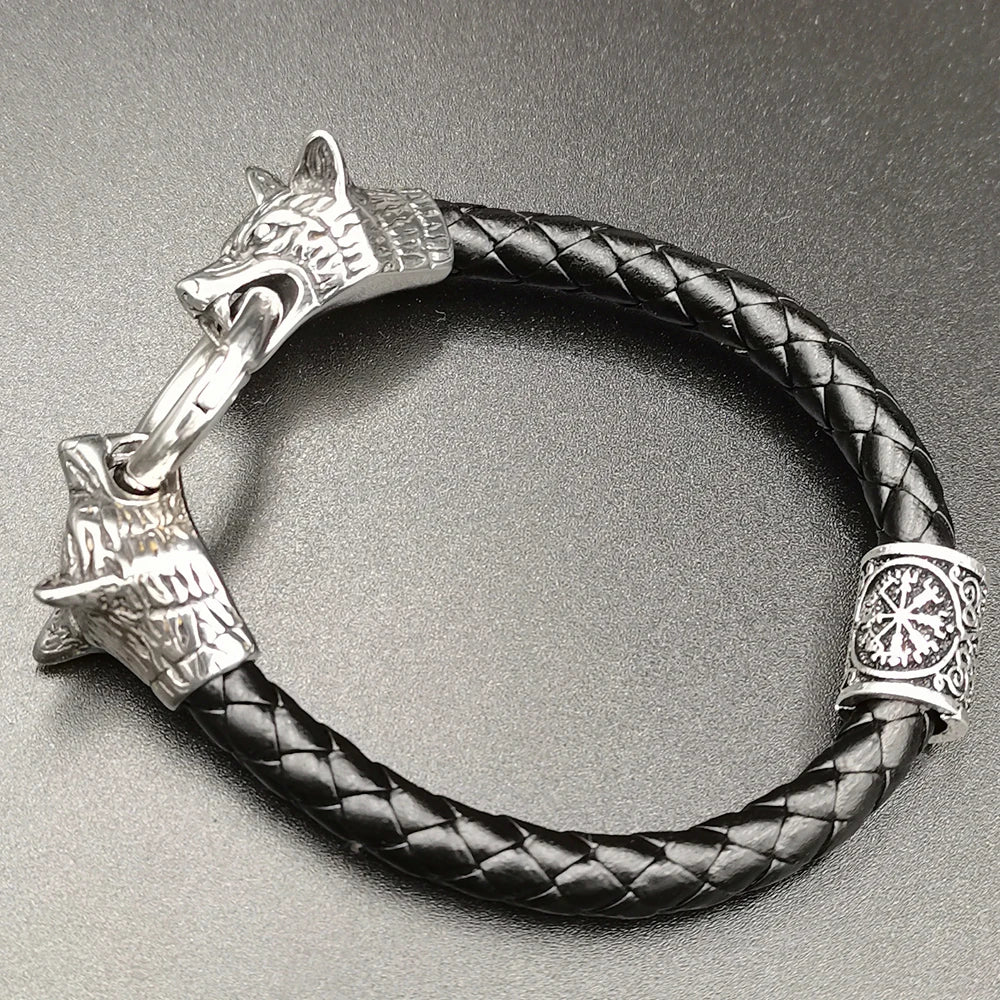 Dropshipping 1 stücke rune perle Wolf Kopf leder Armband Edelstahl viking Armband armreif für Männer schmuck