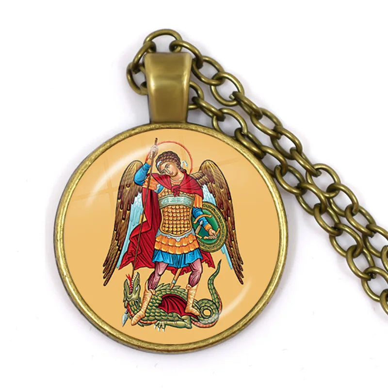 1 Stück 25 mm Glas-Cabochon-Halskette Erzengel St. Michael Protect Me Saint Shield Schutz Charm Russischer Orhodoxer Anhänger Schmuck