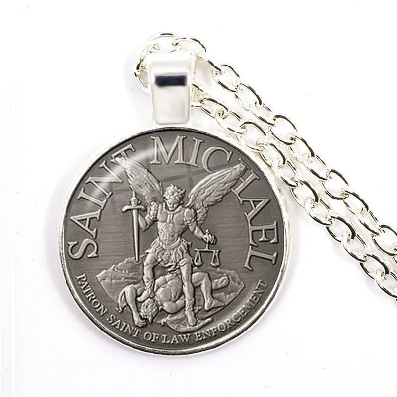 1 Stück 25 mm Glas-Cabochon-Halskette Erzengel St. Michael Protect Me Saint Shield Schutz Charm Russischer Orhodoxer Anhänger Schmuck
