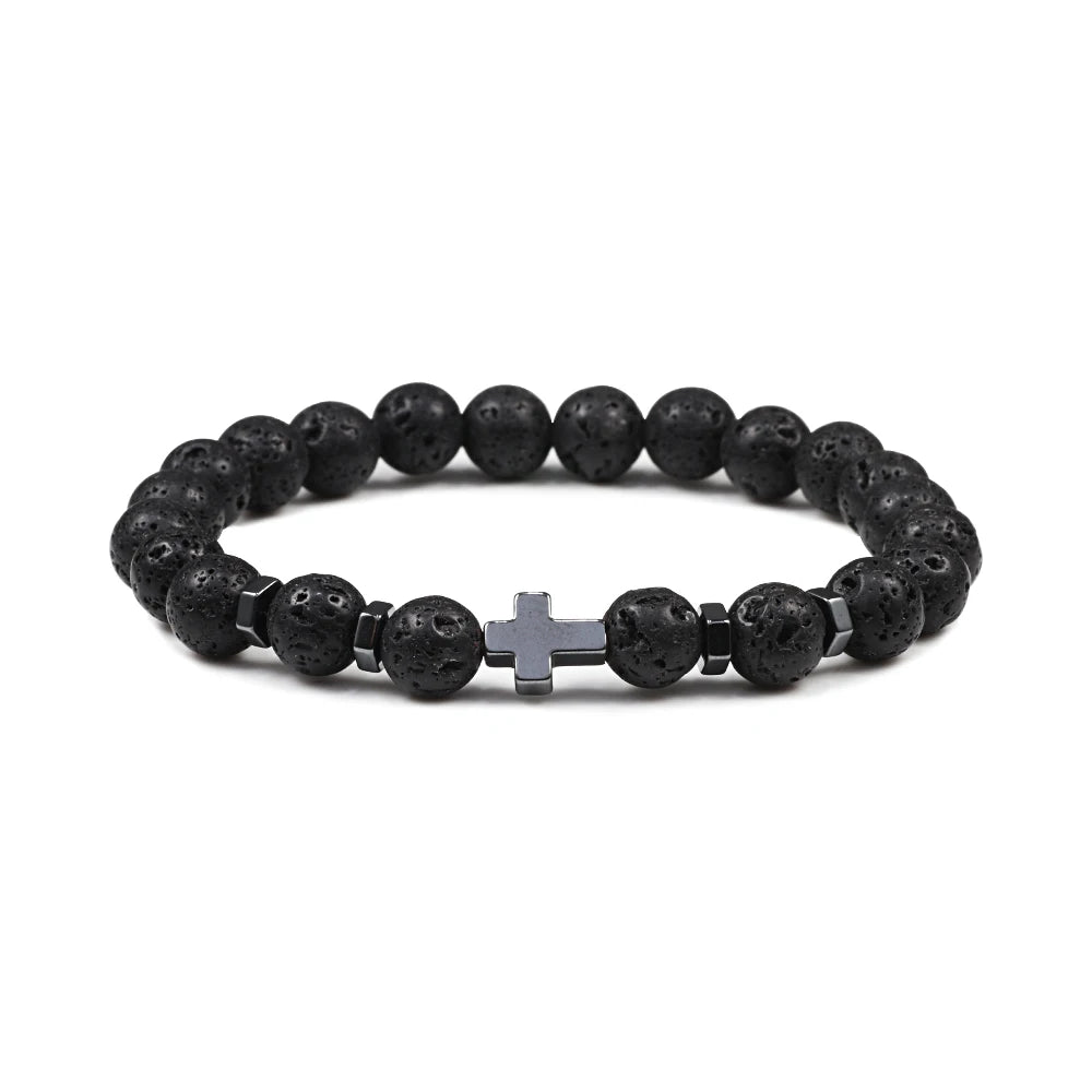 Dropshipping Heißer Männer Natürliche Lava Stein Perlen Armbänder Hämatit Kreuz Rosenkranz Meditation Gebet Jesus Armband Frauen Yoga Schmuck