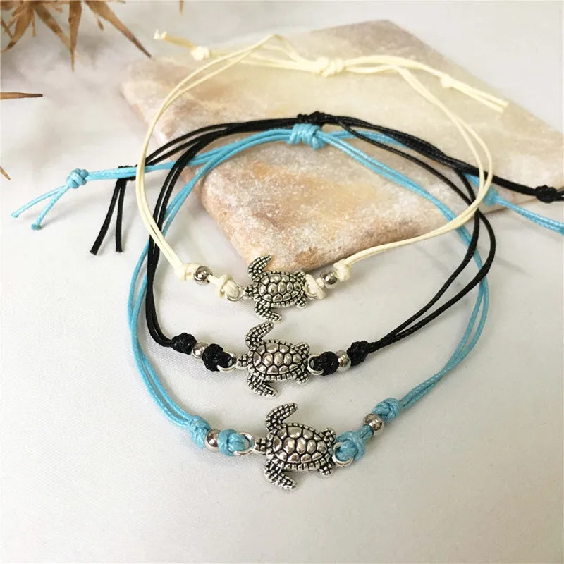ZRM Mode Vintage Meeresschildkröte Fußkettchen Armband Dual-Use 3 Farben handgemachte Fußkettchen Strand Leder Seil Fußkettchen Schmuck
