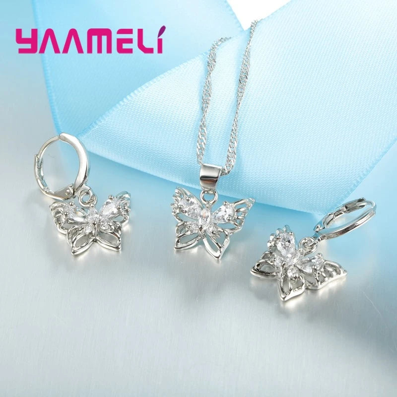 Neue Mode YAAMELI Schmuck Sets Glänzende Klare Österreichischen Kristall Intarsien Schmetterling Hochzeit Anhänger Halskette Ohrringe