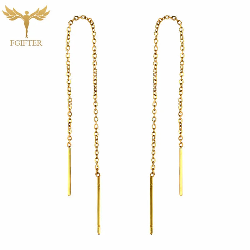Goldene Kettenohrringe für Frauen und Mädchen, Edelstahl-Glieder, Doppel-Piercing-Ohrschmuck, langer Faden, Quaste, baumelnde Ohrringe