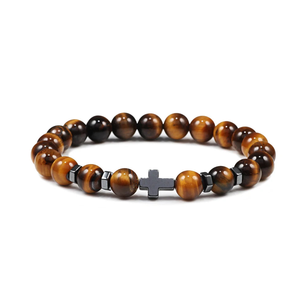 Dropshipping Heißer Männer Natürliche Lava Stein Perlen Armbänder Hämatit Kreuz Rosenkranz Meditation Gebet Jesus Armband Frauen Yoga Schmuck