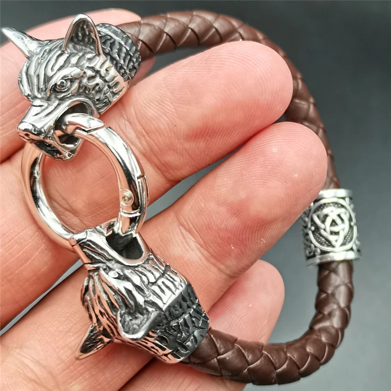 Dropshipping 1 stücke rune perle Wolf Kopf leder Armband Edelstahl viking Armband armreif für Männer schmuck
