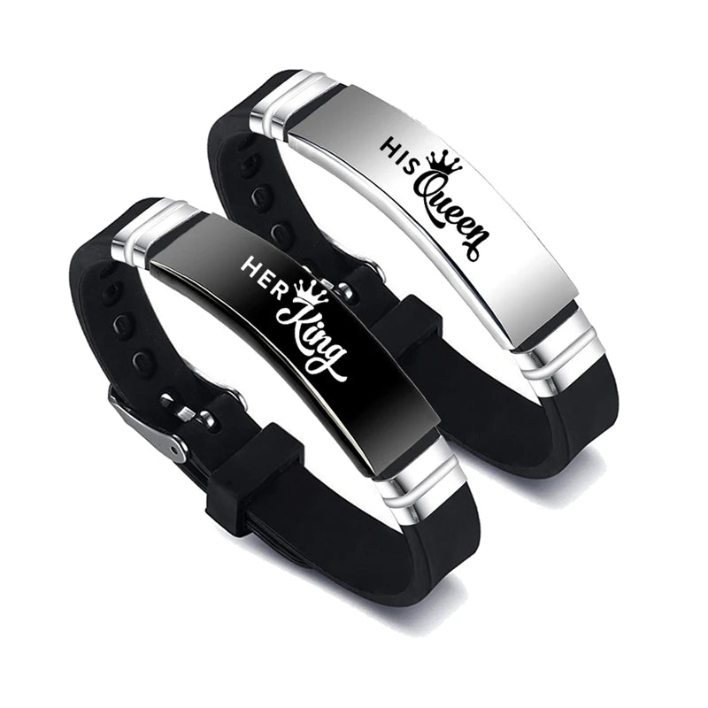 2-teiliges Set „Seine Königin, Ihr König“-Paar-Armband, Edelstahl, verstellbarer Silikonarmband-Armreif, Valentinstagsgeschenk