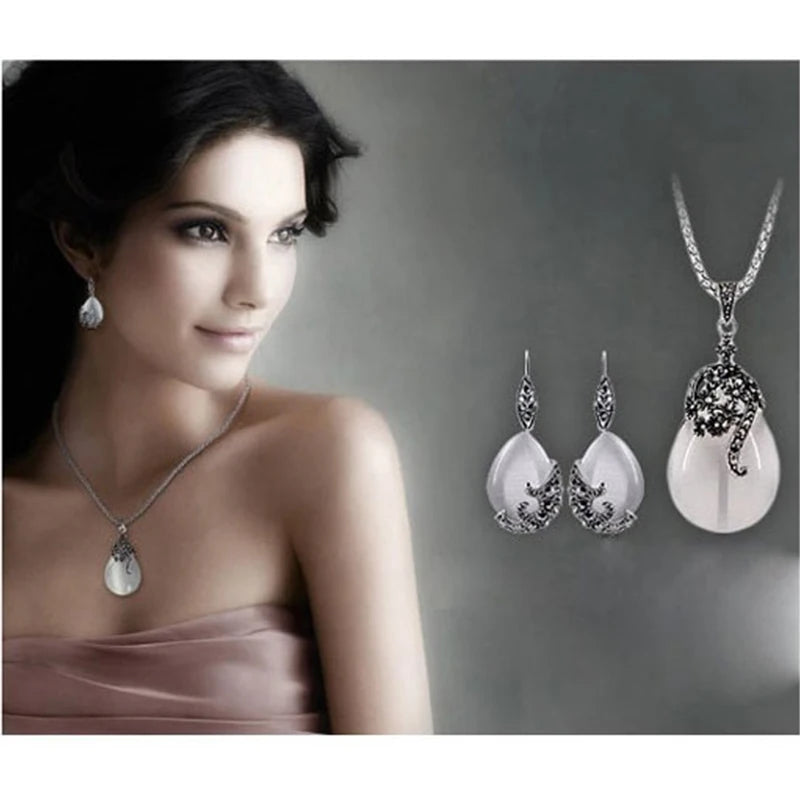 Vintage Elegante 925 Sterling Silber Farbe Mode Opal Wasser Tropfen Anhänger Lange Schlange Halsketten Ohrringe Frauen Schmuck Sets