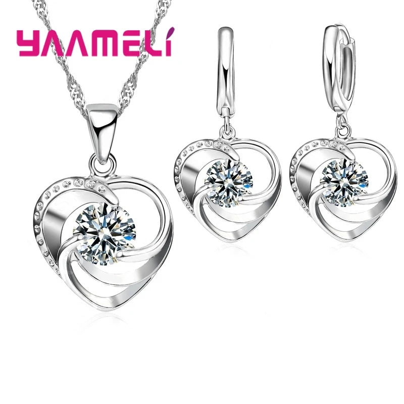 Gestempeltes Halsketten-Ohrring-Set aus 925er-Sterlingsilber, lange Kette, süßer romantischer Stil, Liebesherzform für Frauen, Dame, Frau