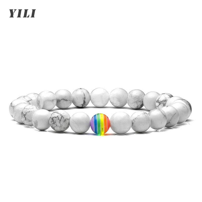 LGBT-Beziehungsarmband Rainbow Pride 8 mm weißes Howlith schwarzes Lavagestein-Armband Natursteinperlen Öldiffusor-Armbänder