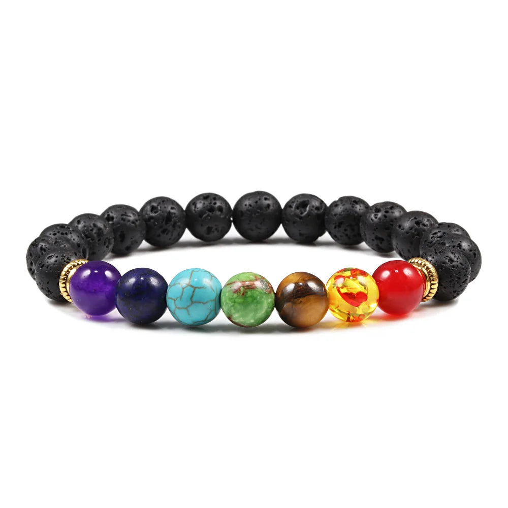 7-Chakra-Perlen, natürliches Lava-Tigerauge-Stein-Armband für Damen und Herren, Heilung, Gleichgewichtstherapie, Armbänder, Schmuck, Gebet, verstellbar