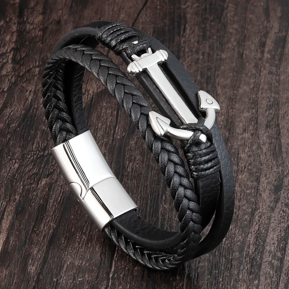 Punk Edelstahl Anker Armbänder Echtes Leder Armband & Armreifen für Männer Schmuck Schwarz Farbe Mode Geschenk