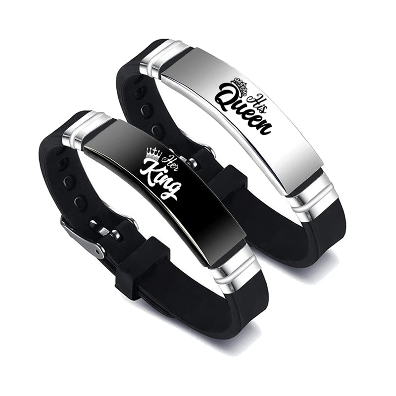 2-teiliges Set „Seine Königin, Ihr König“-Paar-Armband, Edelstahl, verstellbarer Silikonarmband-Armreif, Valentinstagsgeschenk