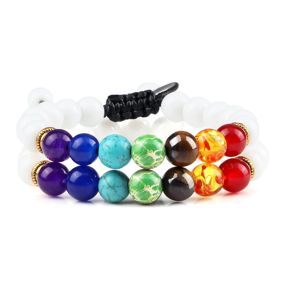 2 Stücke Naturstein 7 Chakra Heilung Perlen Einstellbare Geflochtene Armbänder Männer 8mm Lava Stretch-armband Frauen Reiki Buddha Schmuck