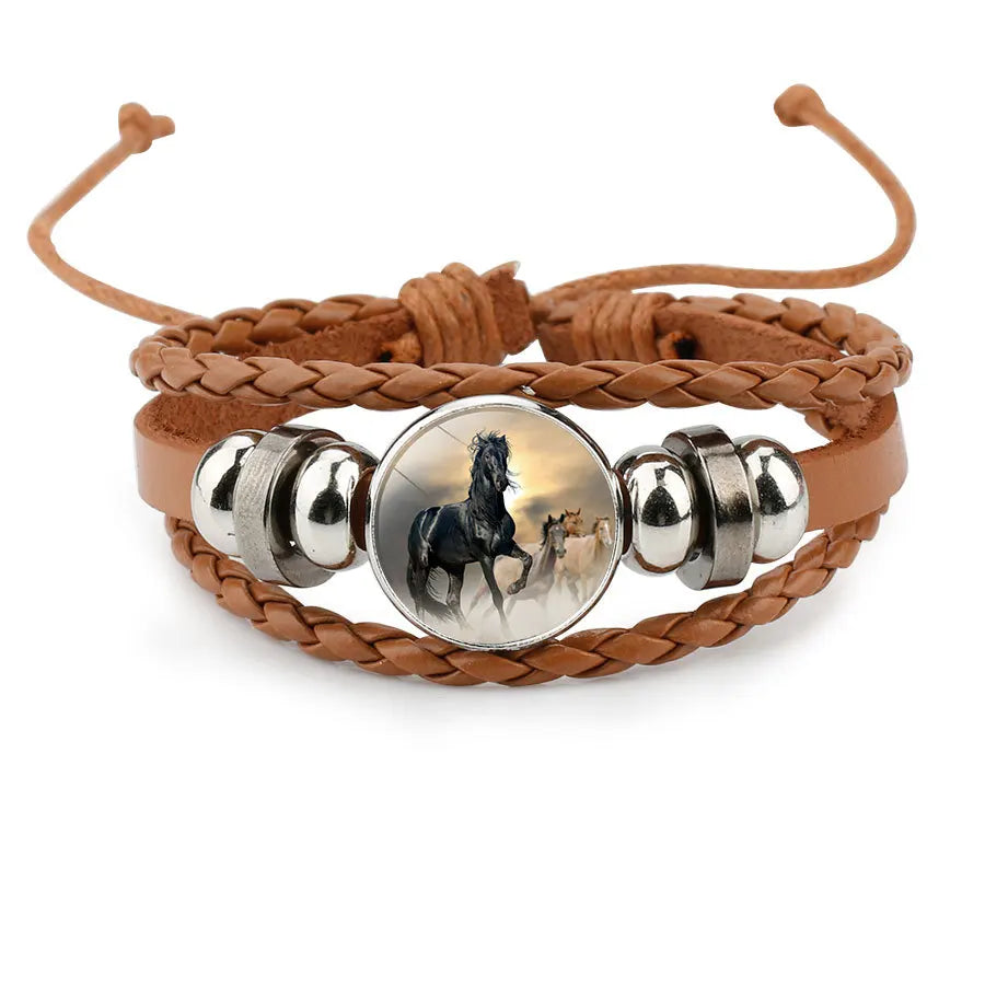 Neue Stil Multi-Farbe Leder Cartoon Pferd Muster Handgemachte Perlen Gewebt Armband Lila Multi-Schicht Pferd Armband