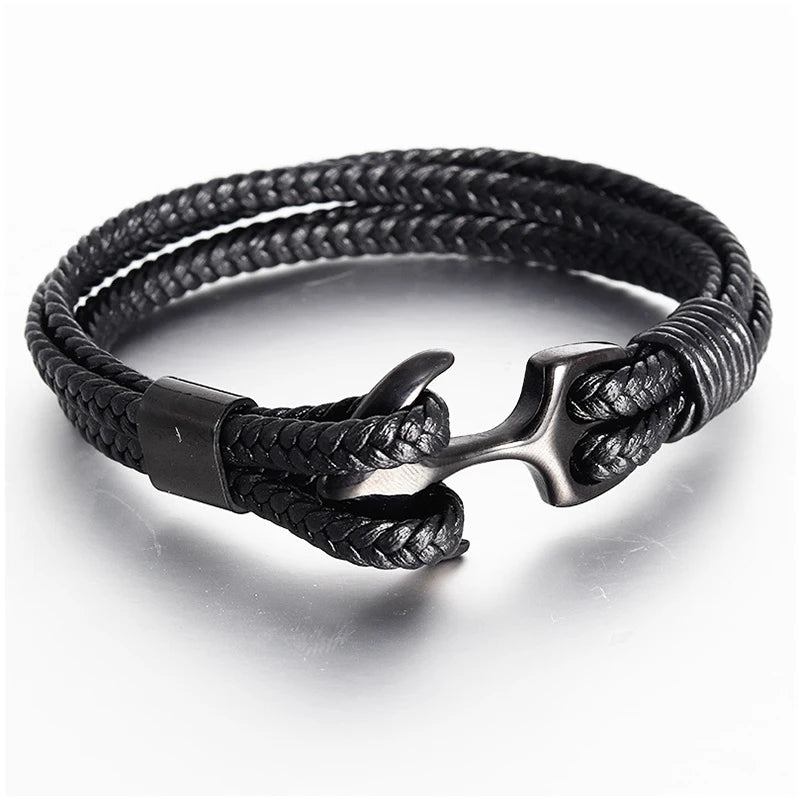 Punk Edelstahl Anker Armbänder Echtes Leder Armband & Armreifen für Männer Schmuck Schwarz Farbe Mode Geschenk