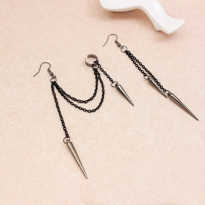 Schwarz kette quaste ohr-haken Asymmetrie Multilayer kette Punk Hip hop persönlichkeit Schmuck Ohr clip Baumeln Ohrringe für frauen mädchen
