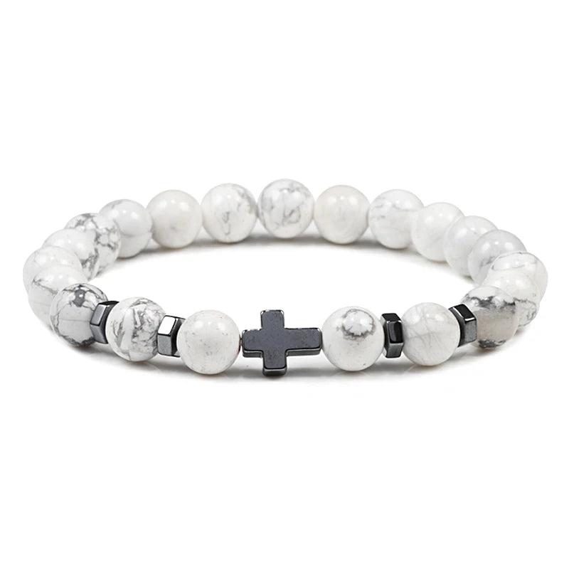 Gebet Männer Naturstein Holz Perlen Rosenkranz Hämatit Kreuz Armbänder Onyx Meditation Armband Frauen Yoga Schmuck Homme Pulsera