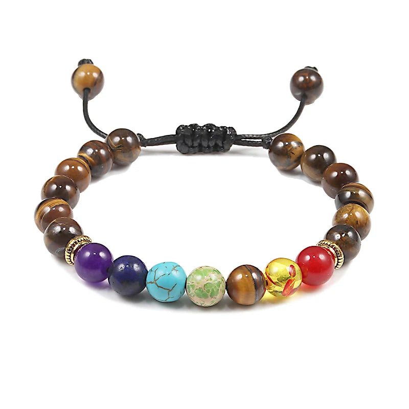 7-Chakra-Perlen, natürliches Lava-Tigerauge-Stein-Armband für Damen und Herren, Heilung, Gleichgewichtstherapie, Armbänder, Schmuck, Gebet, verstellbar