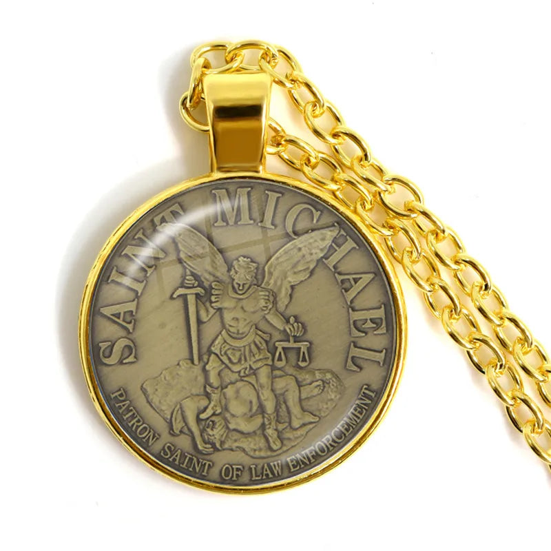 1 Stück 25 mm Glas-Cabochon-Halskette Erzengel St. Michael Protect Me Saint Shield Schutz Charm Russischer Orhodoxer Anhänger Schmuck