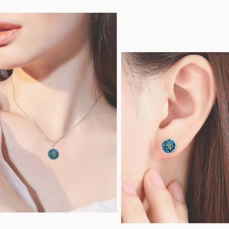 Mode Drusy Runde Anhänger Halskette Ohrringe Schmuck Sets für Frauen Anti allergie Bling Stud Ohrringe Sets Frauen Party Halskette