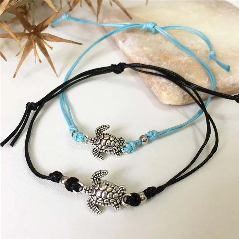 ZRM Mode Vintage Meeresschildkröte Fußkettchen Armband Dual-Use 3 Farben handgemachte Fußkettchen Strand Leder Seil Fußkettchen Schmuck