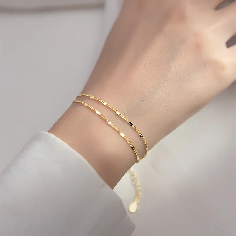 WOOZU Echtem 925 Sterling Silber Einfache Delicate Doppelte Kette Schicht Charme Armband Für Mode Frauen Party Punk Schmuck Geschenk